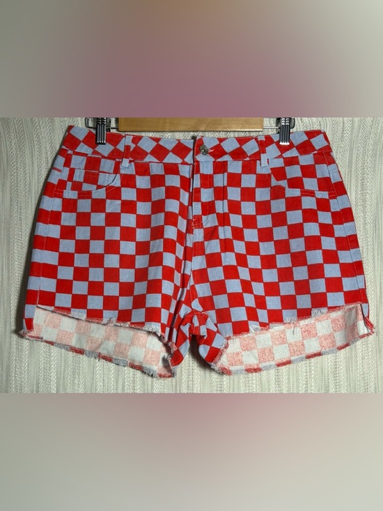 Edikted Pants - Edikted Red and Light Blue Checkerboard Jean Shorts